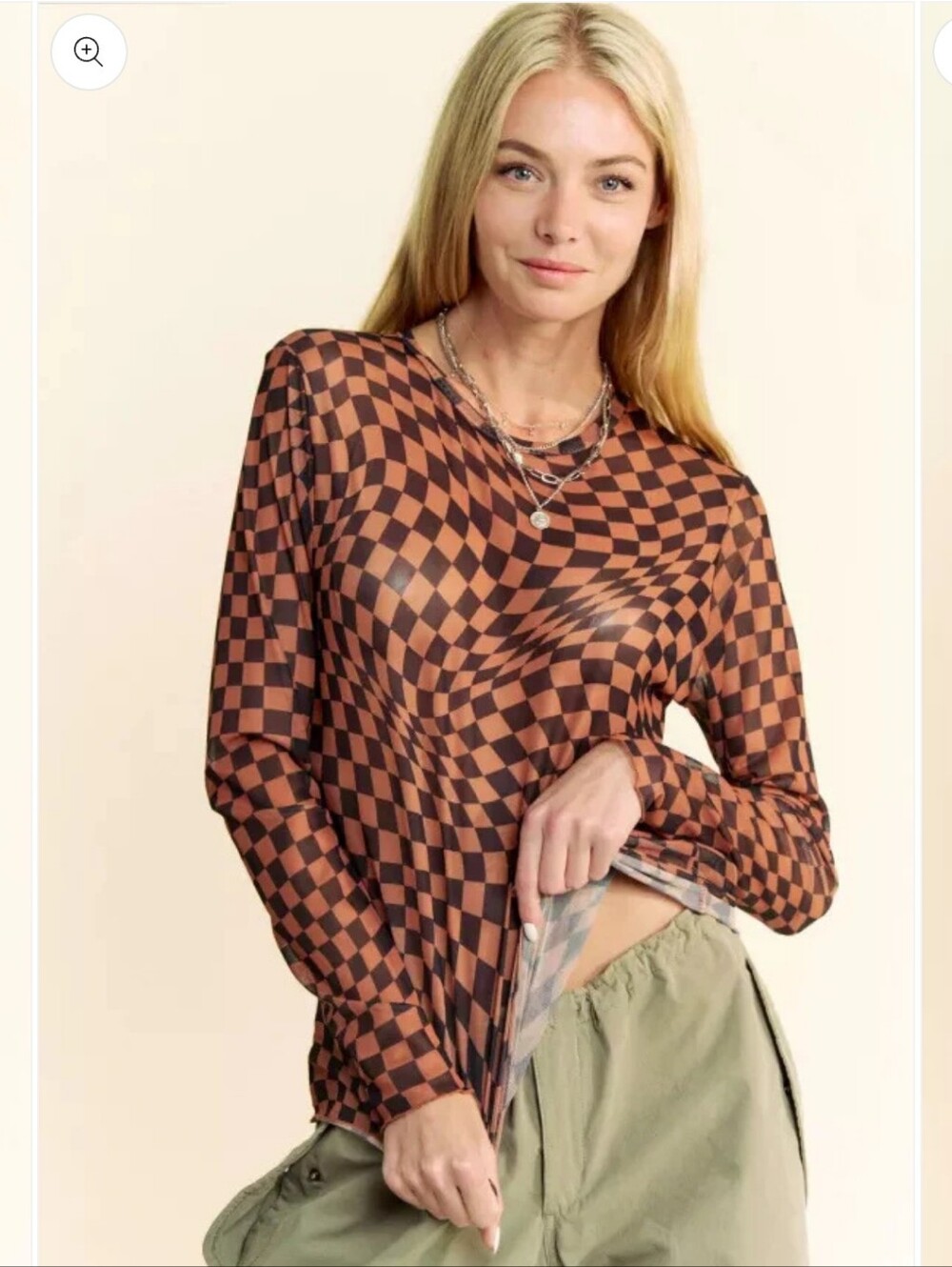 Davi & Dani Women's Long Sleeve Brown & Black Checkered Mesh Top Size Medium - Picture 3 of 10